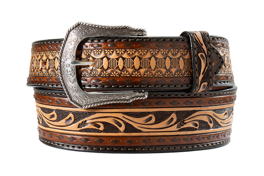 Decorative 3D Belts leather belt with intricate patterns and a large buckle on a white background
