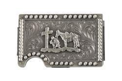 Silver 3D Belts belt buckle with intricate designs on a white background