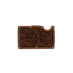 Brown leather 3D Belts cardholder with intricate patterns on a white background