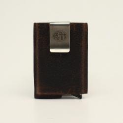 Brown leather 3D Belts wallet with silver clip on a beige background