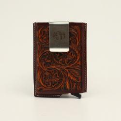 Brown leather 3D Belts wallet with intricate designs on a beige background