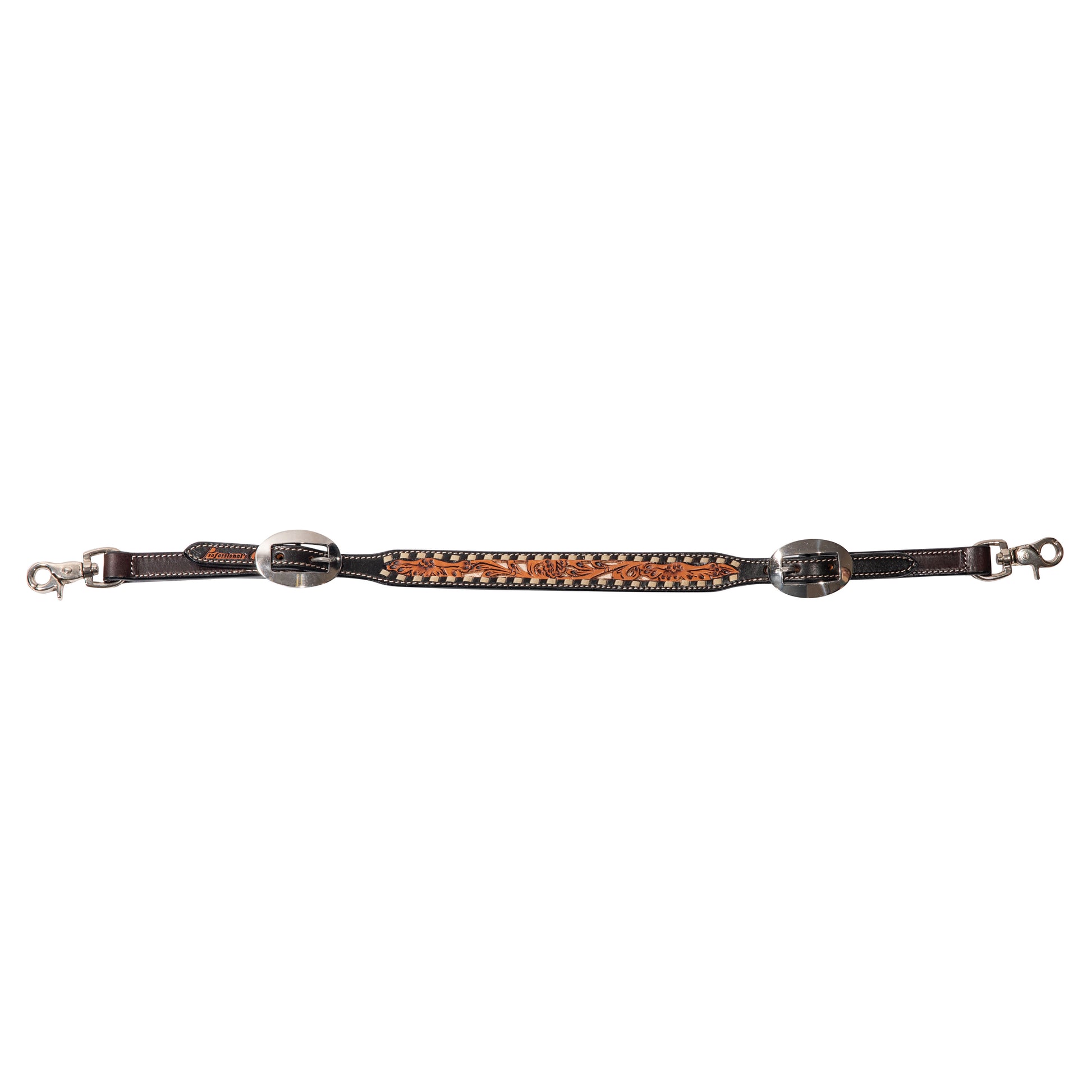 A brown leather wither strap with floral tooling and buckstitch detail, including metal buckles and attachments.