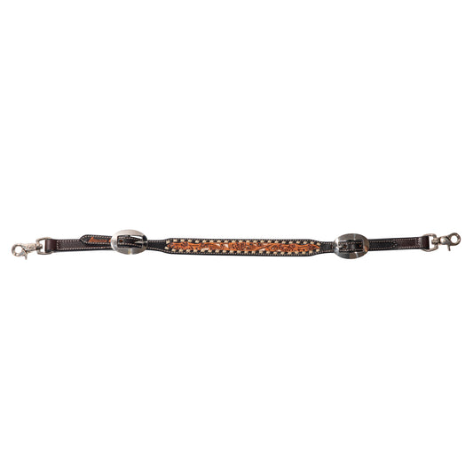 A brown leather wither strap with floral tooling and buckstitch detail, including metal buckles and attachments.