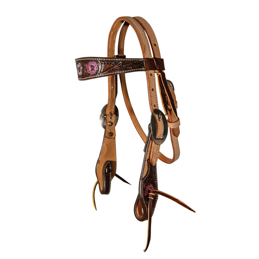 A pony browband headstall with a two-tone design, featuring chocolate and natural roughout leather with pink floral tooling.