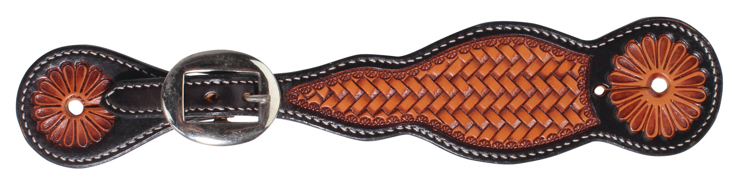 a leather spur strap that has a basket pattern and is two tone on a white background