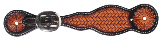 a leather spur strap that has a basket pattern and is two tone on a white background