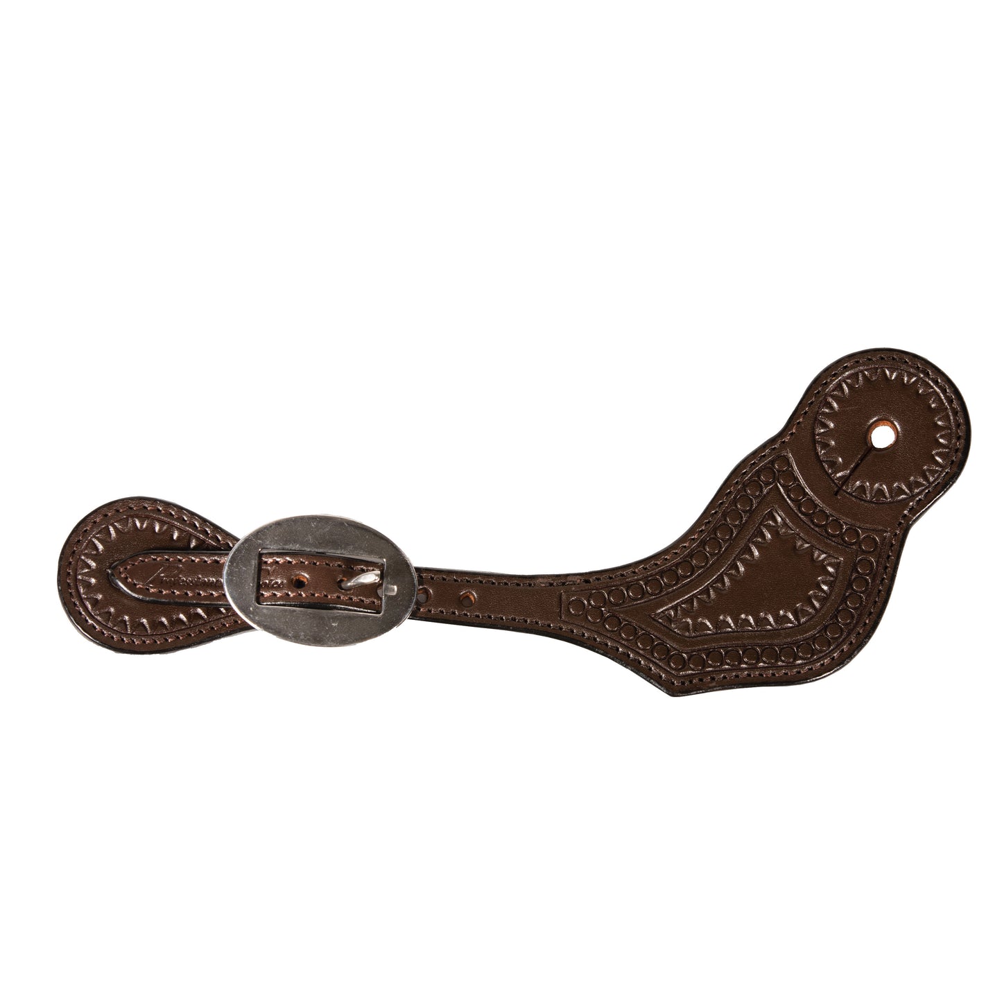 Brown leather spur strap with decorative patterns on a white background
