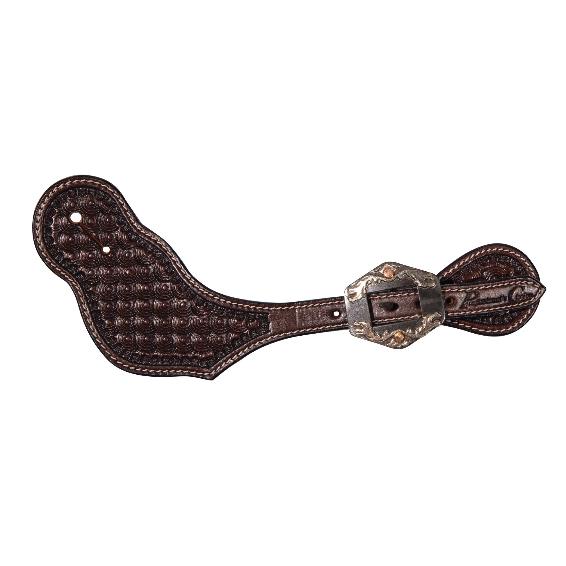 dark brown leather spur straps with a decorated buckle on a white background