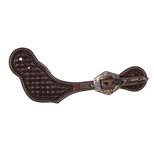 dark brown leather spur straps with a decorated buckle on a white background