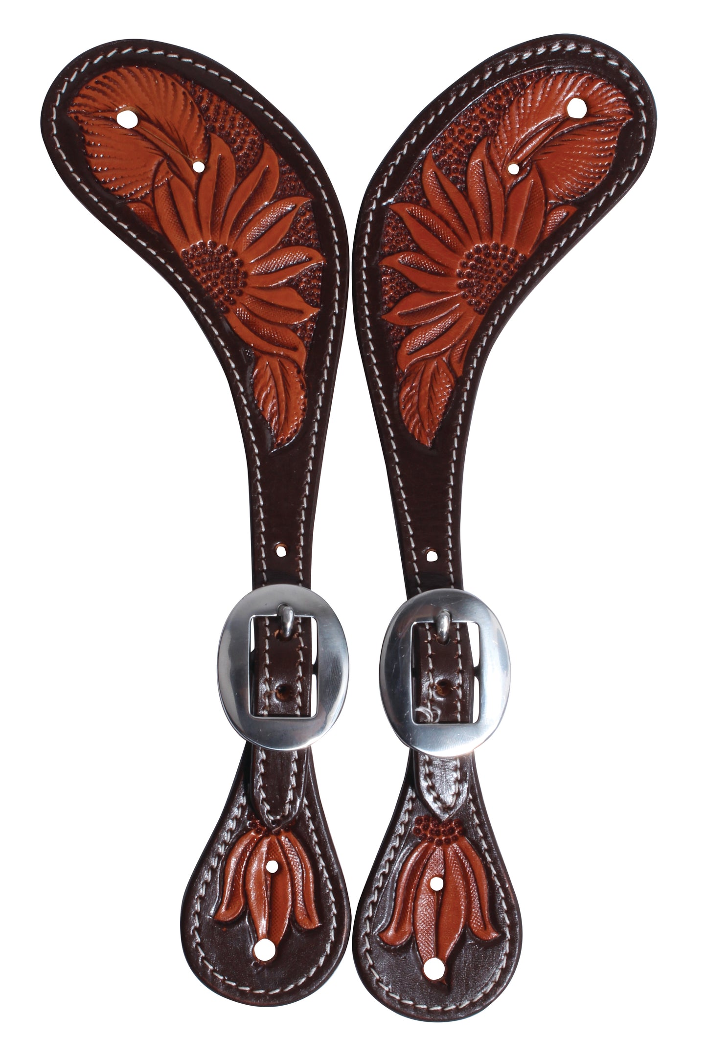two tone leather spur straps with a flower design and stainless steel buckles