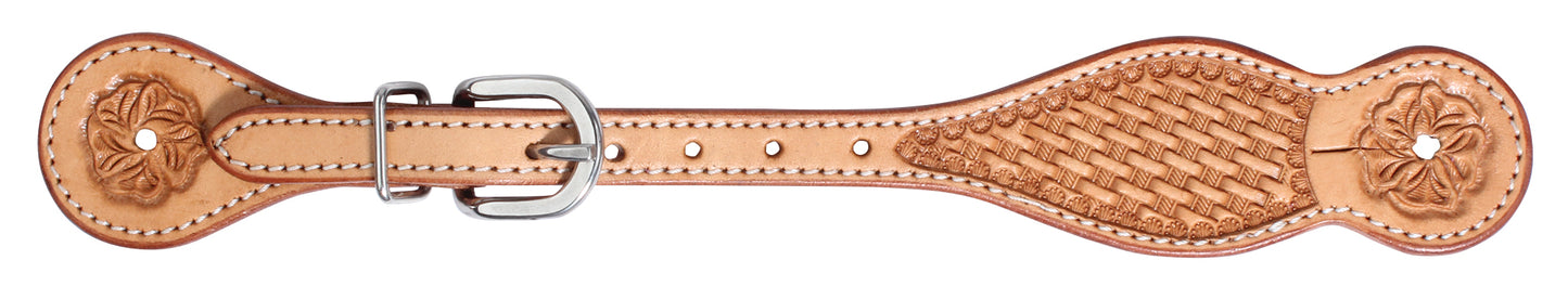 A tan leather spur strap with stainless steel buckle and basket stamping detail.