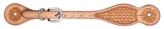 A tan leather spur strap with stainless steel buckle and basket stamping detail.
