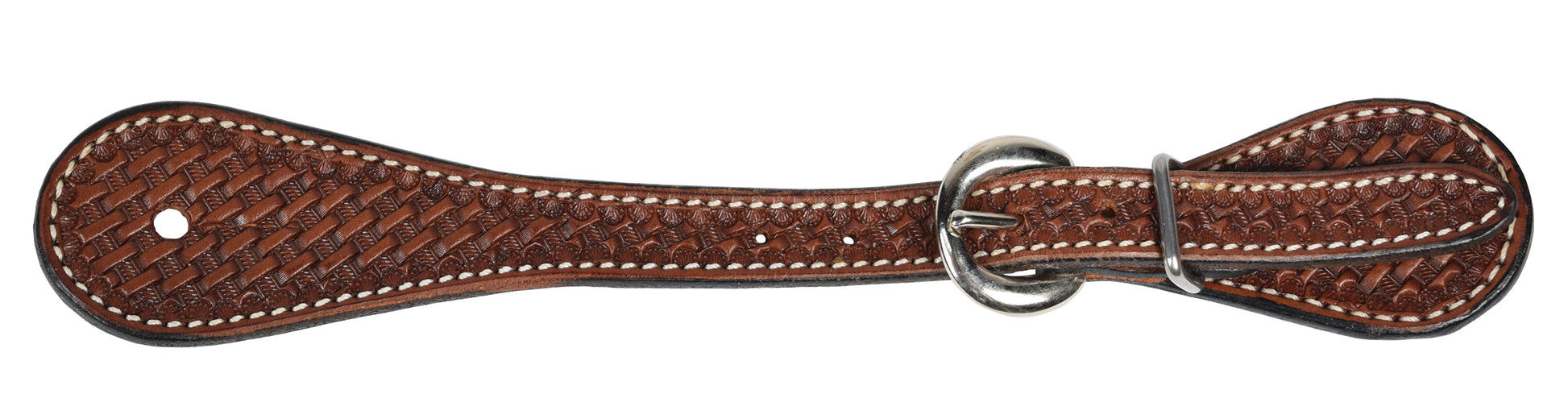 A brown leather spur strap with white contrast stitching and a silver metal buckle, shown against a plain white background.