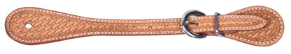 A light brown leather spur strap with a silver metal buckle, shown against a plain white background.