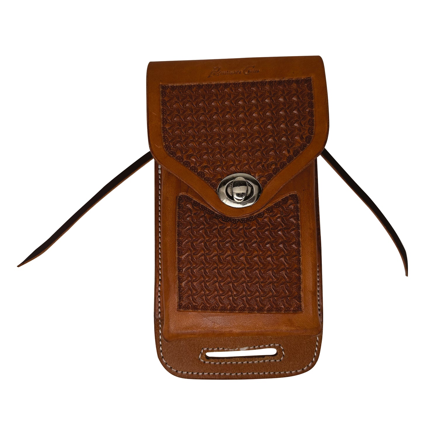 A brown leather phone pouch with a textured pattern on the front flap and pocket, featuring a silver metal snap button and two thin black straps extending from the sides, shown against a plain white background.