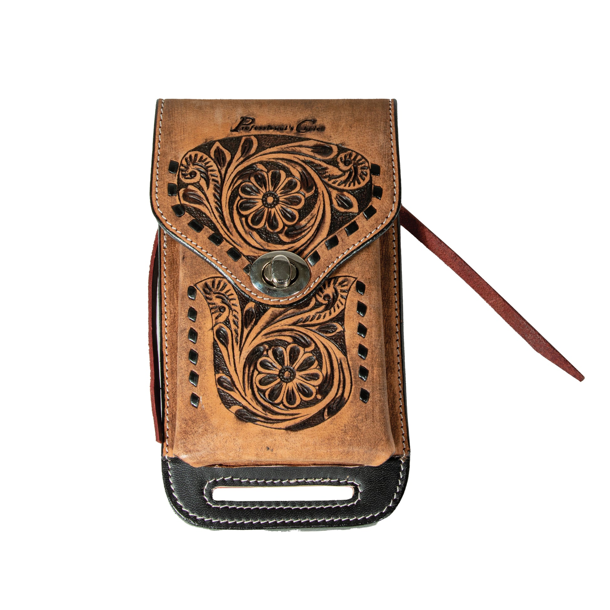 A brown leather phone pouch with hand-tooled floral patterns, a snap button closure, and a black leather base trim, shown on a plain white background.
