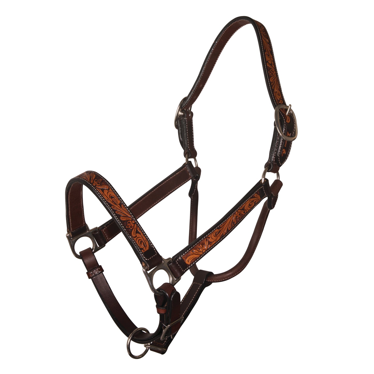 Brown leather horse halter with decorative patterns on a white background
