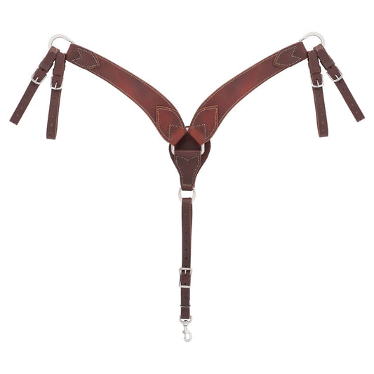 Brown leather breast collar with metal hardware on a white background