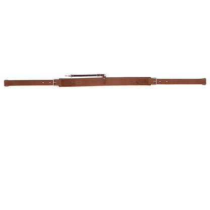 Brown colored leather back cinch for horses with buckles on a white background