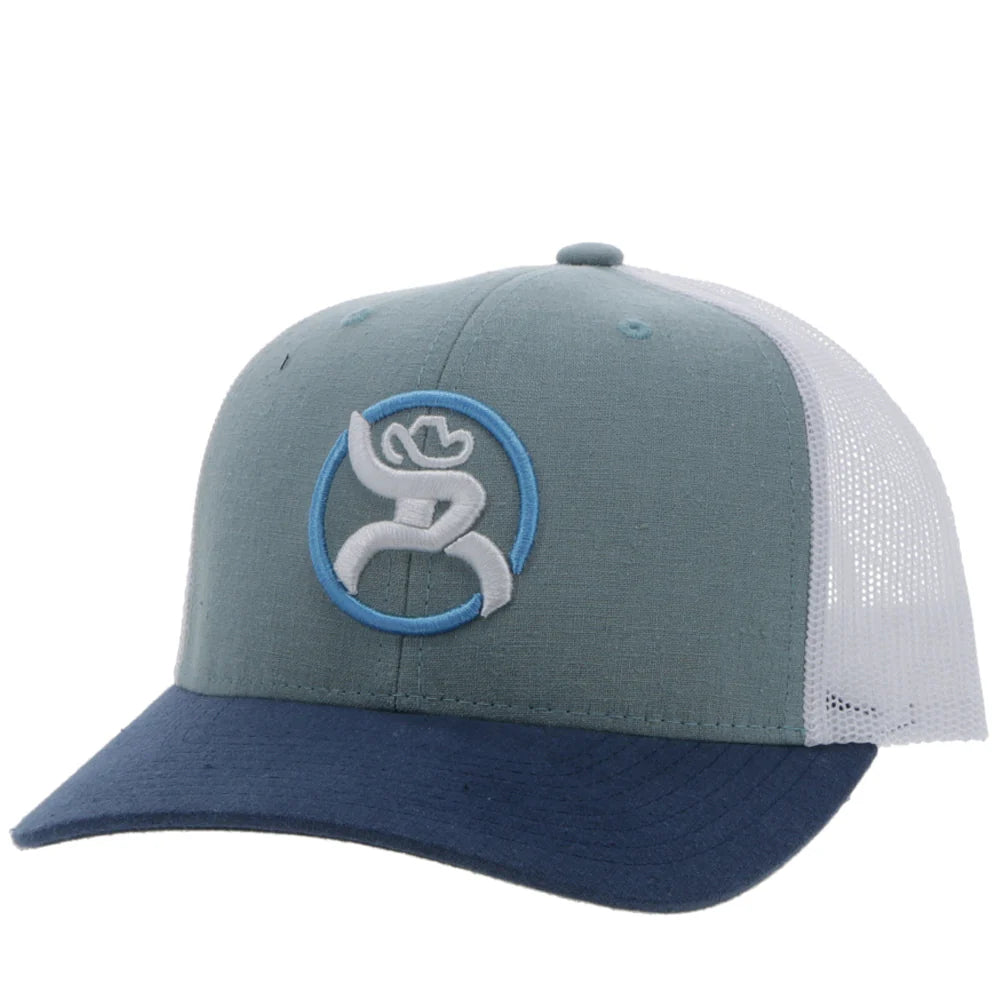 Gray and blue Hooey cap with a logo on a white background