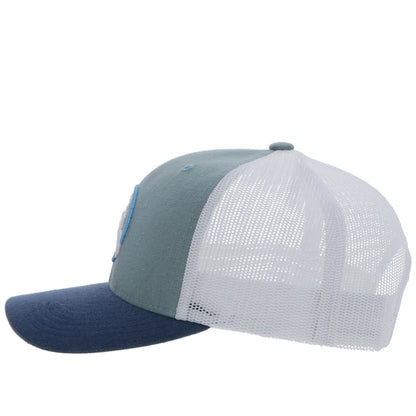 Three-tone Hooey cap with blue, gray, and white sections on a white background