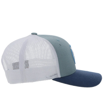 Hooey hat with white front panel, gray side panel, and blue bill on a white background