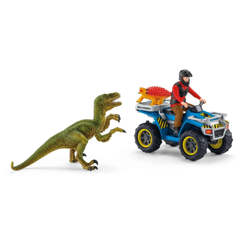 Schleich toy ATV with rider and small dinosaur, facing a toy dinosaur on a white background