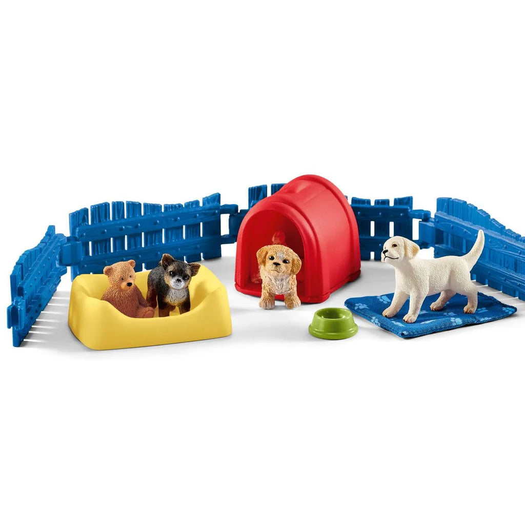 Schleich toy dog playset with colorful furniture and toys on a white background