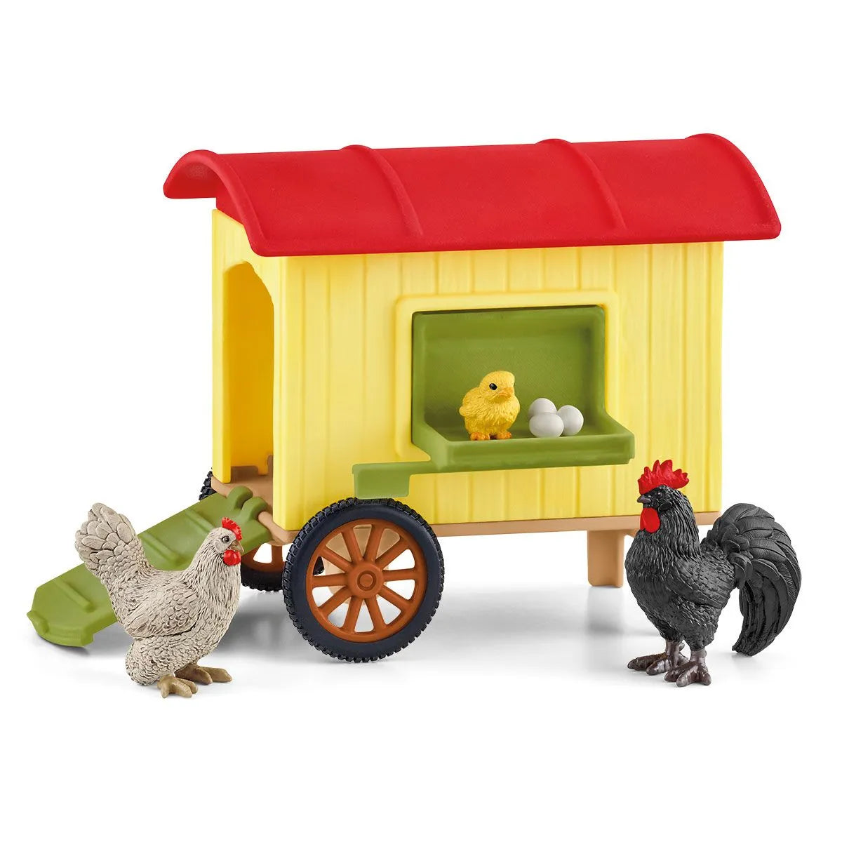 A Schleich toy chicken coop set with two chickens, one chick, and eggs, featuring a yellow, red, and green coop with a wooden wheel and a black and red car.