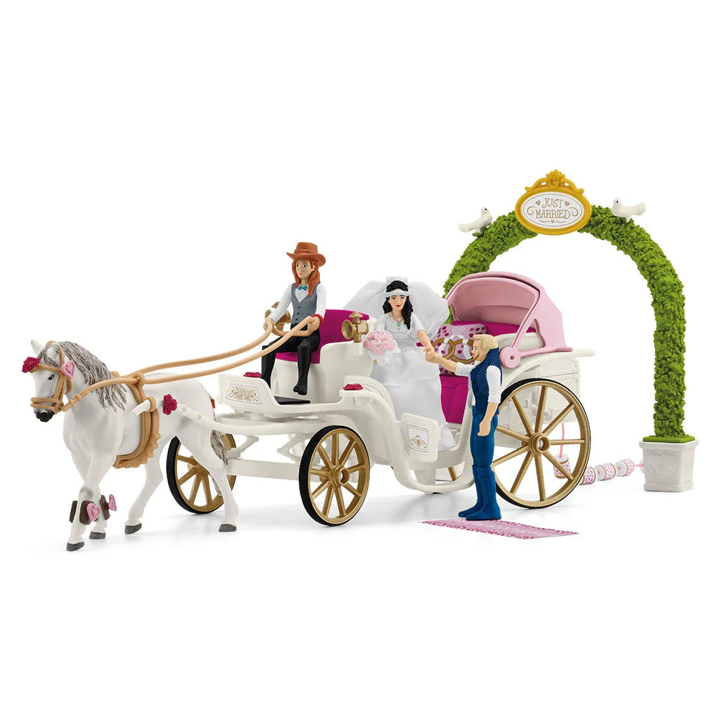Schleich Toy horse-drawn carriage with bride, groom, and horse on a white background