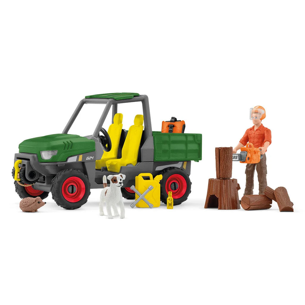 Schleich Toy atv with accessories and figures on a white background