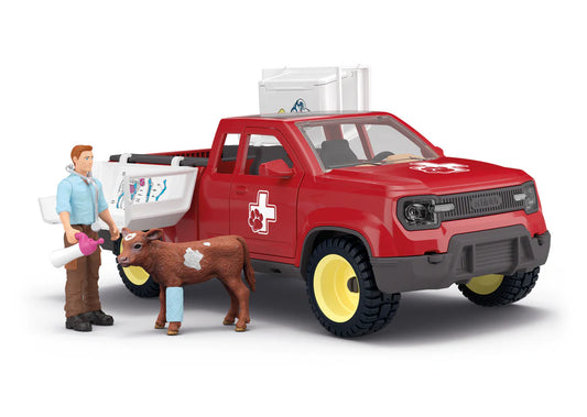 Schleich Toy red truck with a cow figure and person figure on a white background