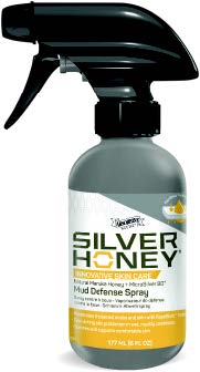 a silver bottle with a black spray nozzle. Labeled with 'silver honey mud defense spray'.