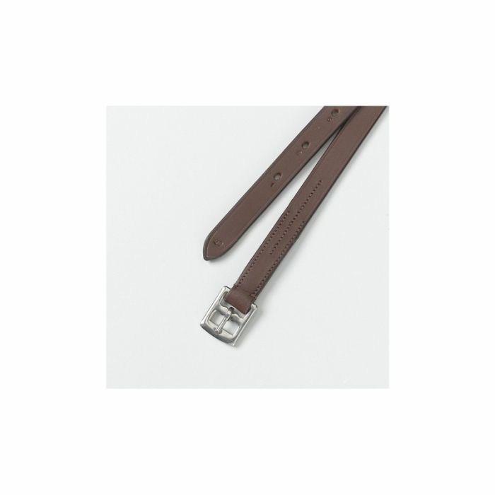 a brown piece of leather with a silver buckle on a white background