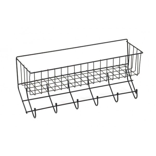 A black metal wire storage basket with six hanging hooks along the front, shown on a plain white background.