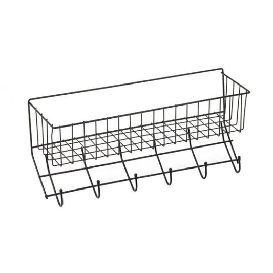 A black metal wire storage basket with six hanging hooks along the front, shown on a plain white background.