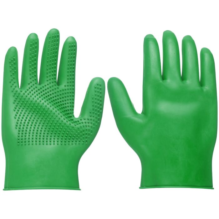 Pair of green rubber gloves with textured palm on a white background