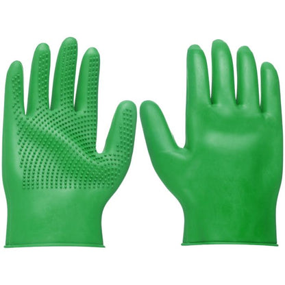 Pair of green rubber gloves with textured palm on a white background