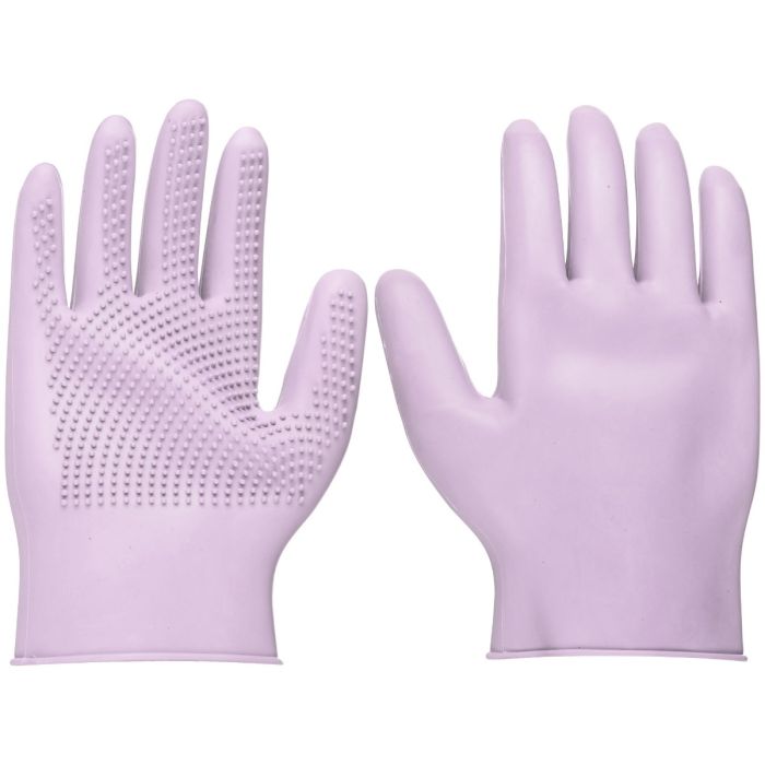 Pair of purple grooming gloves with textured palm on a white background
