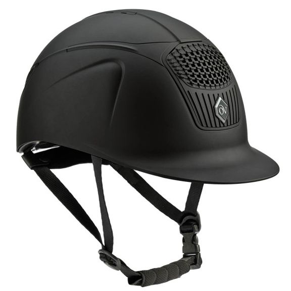 Black riding helmet with a brand logo on a white background
