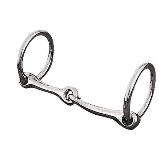 A nickel-plated, loose ring snaffle pony bit made of metal with a curved shape and two rings for bridle use.