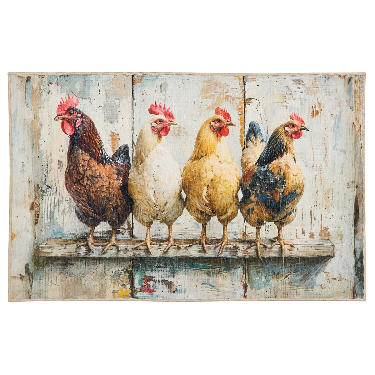 a rug with Four colorful chickens on a rustic wooden background