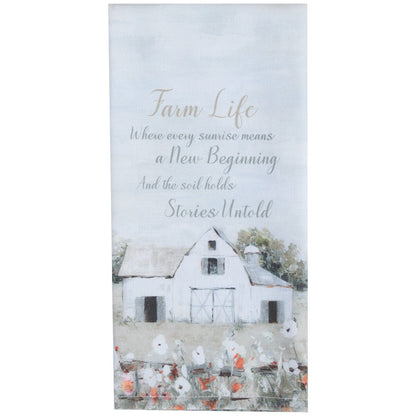 decorative kitchen towel with a farm scene and text on a white background