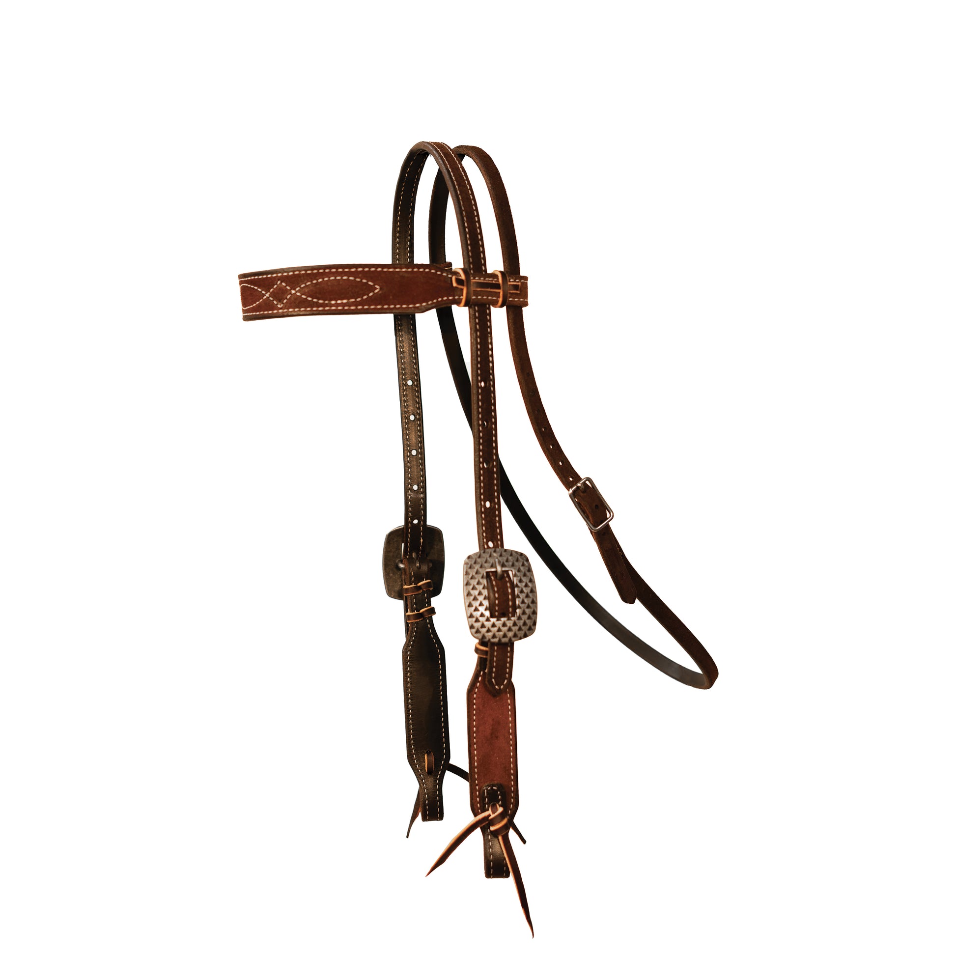 Brown leather horse bridle with decorative buckle on a white background