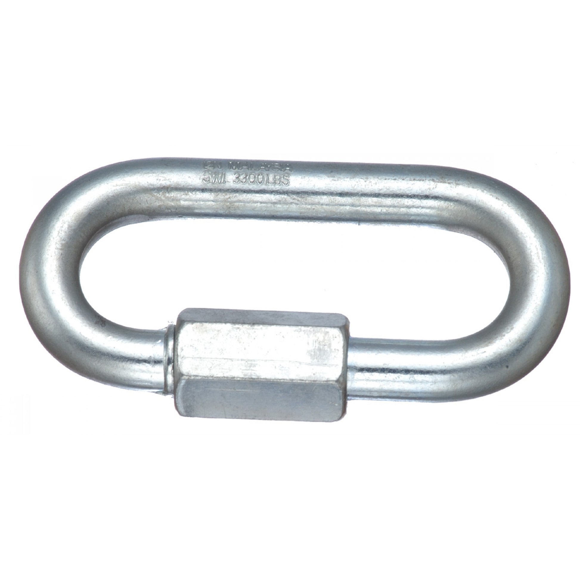 Metal quick link with a bolt on a white background