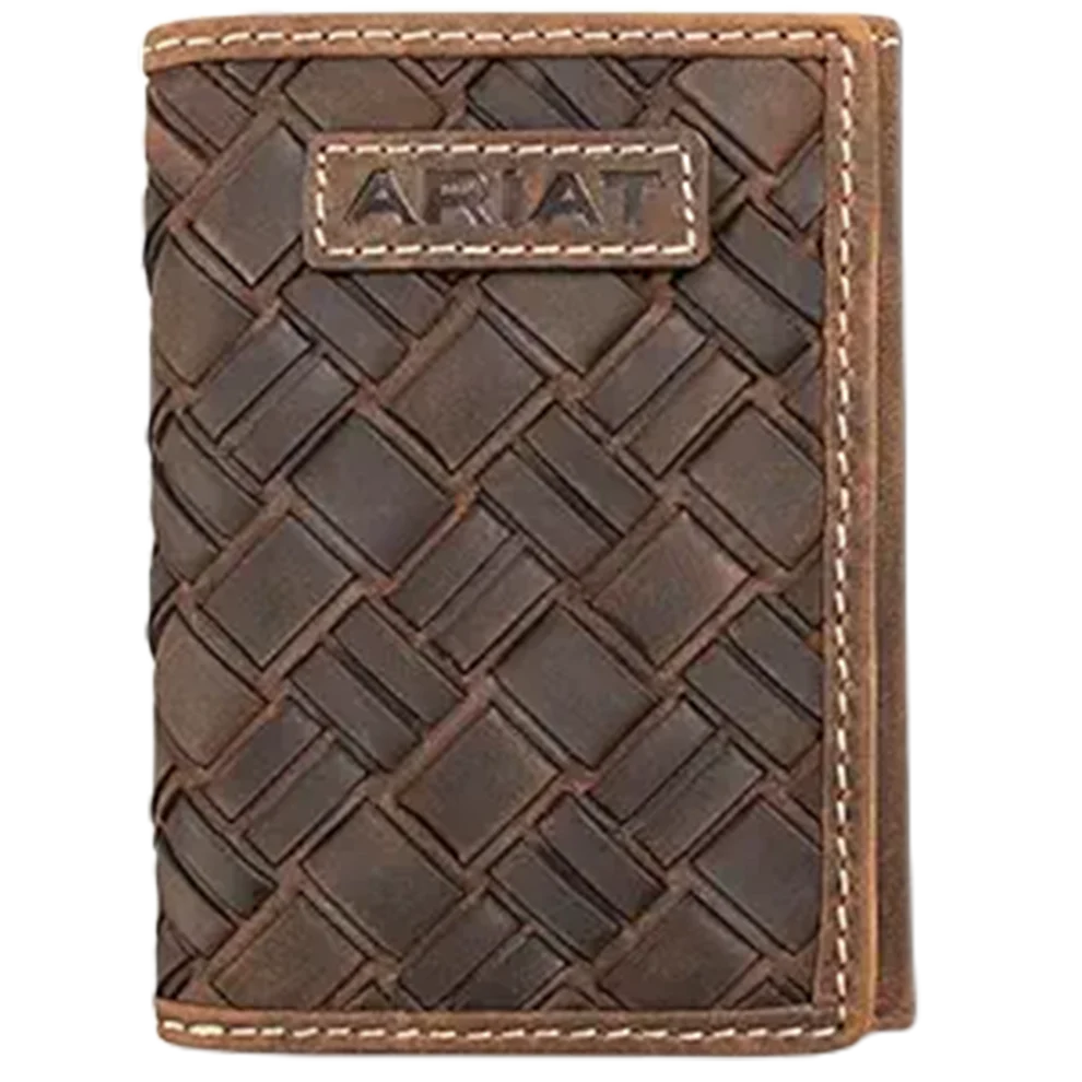 Brown leather wallet with Ariat branding on a white background