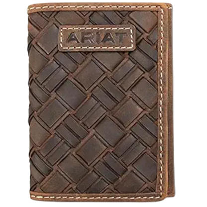 Brown leather wallet with Ariat branding on a white background