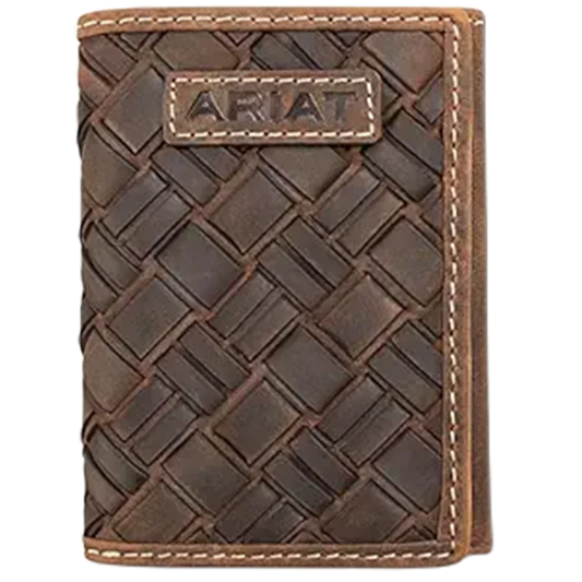 Brown leather wallet with Ariat branding on a white background