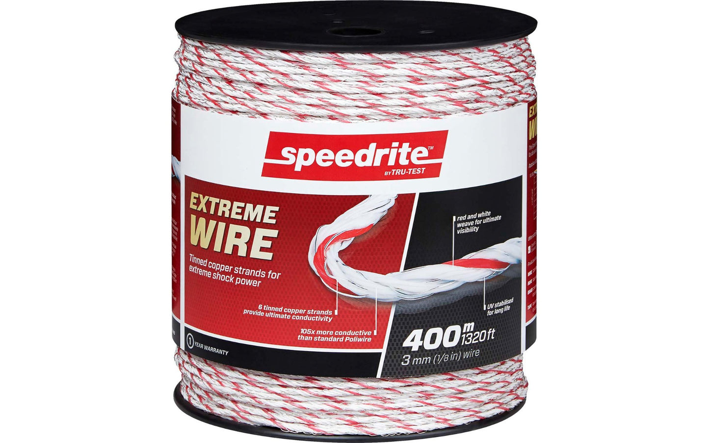 A spool of Speedrite Extreme Wire twisted copper strands for extreme shock power, featuring red and white wire on a black spool with a red, white, and black product label.