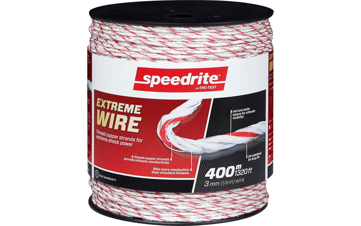 A spool of Speedrite Extreme Wire twisted copper strands for extreme shock power, featuring red and white wire on a black spool with a red, white, and black product label.
